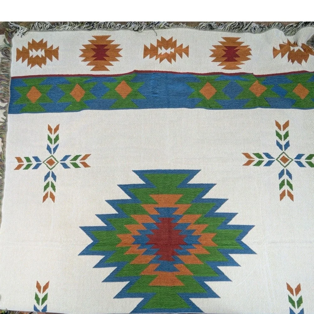 Southwest Woven Throw Blanket Fringed Edges blue green rust orange red